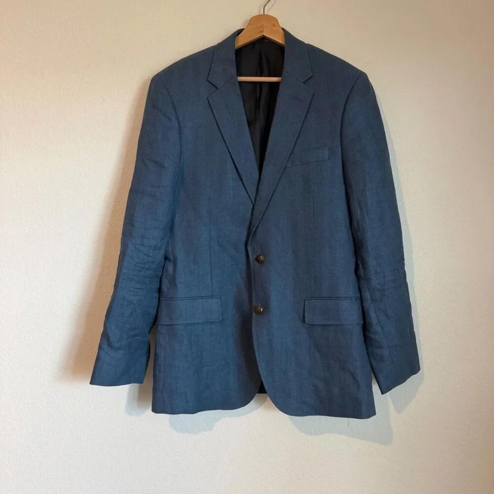 J. Crew Blue Linen Herringbone Thompson University Blazer Jacket Men's Size 40R